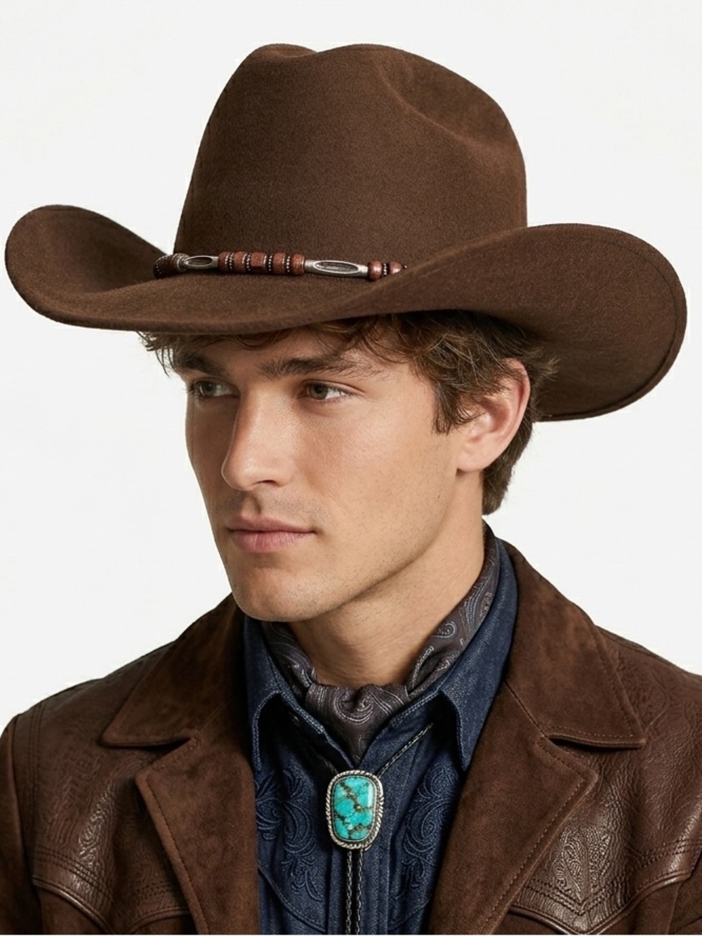 Rodeo King Cowboy Hat Beaded Band Stampede String Felt Brown Size S